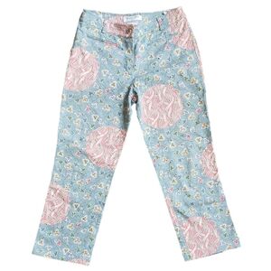 Vintage Dior Pink, Blue, Floral Pattern Perforated Straight Leg Pants